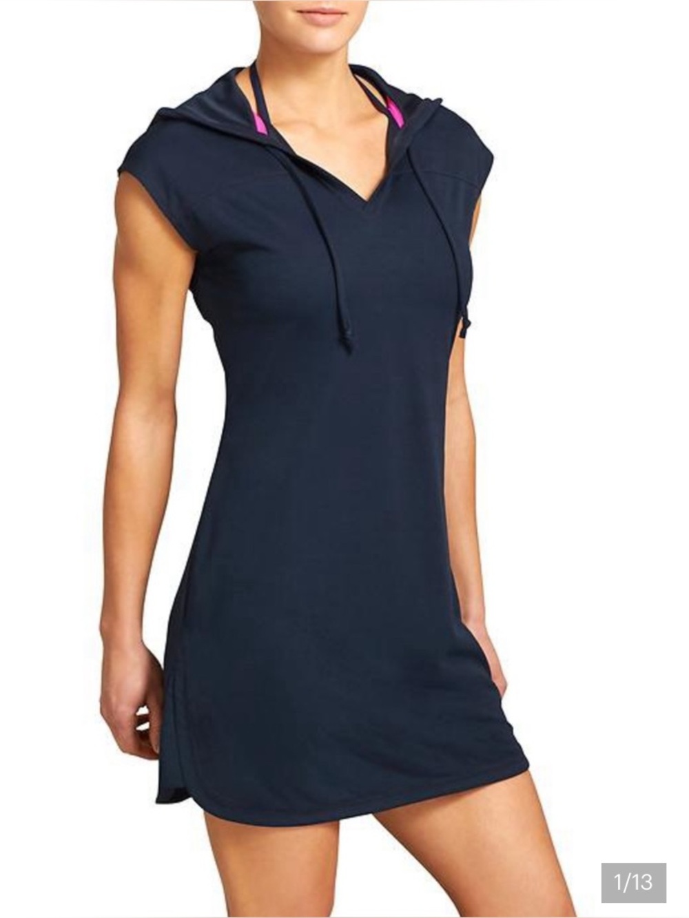 Athleta WICK-It navy Hooded Cap-Sleeve Tunic Dress pool cover up XS